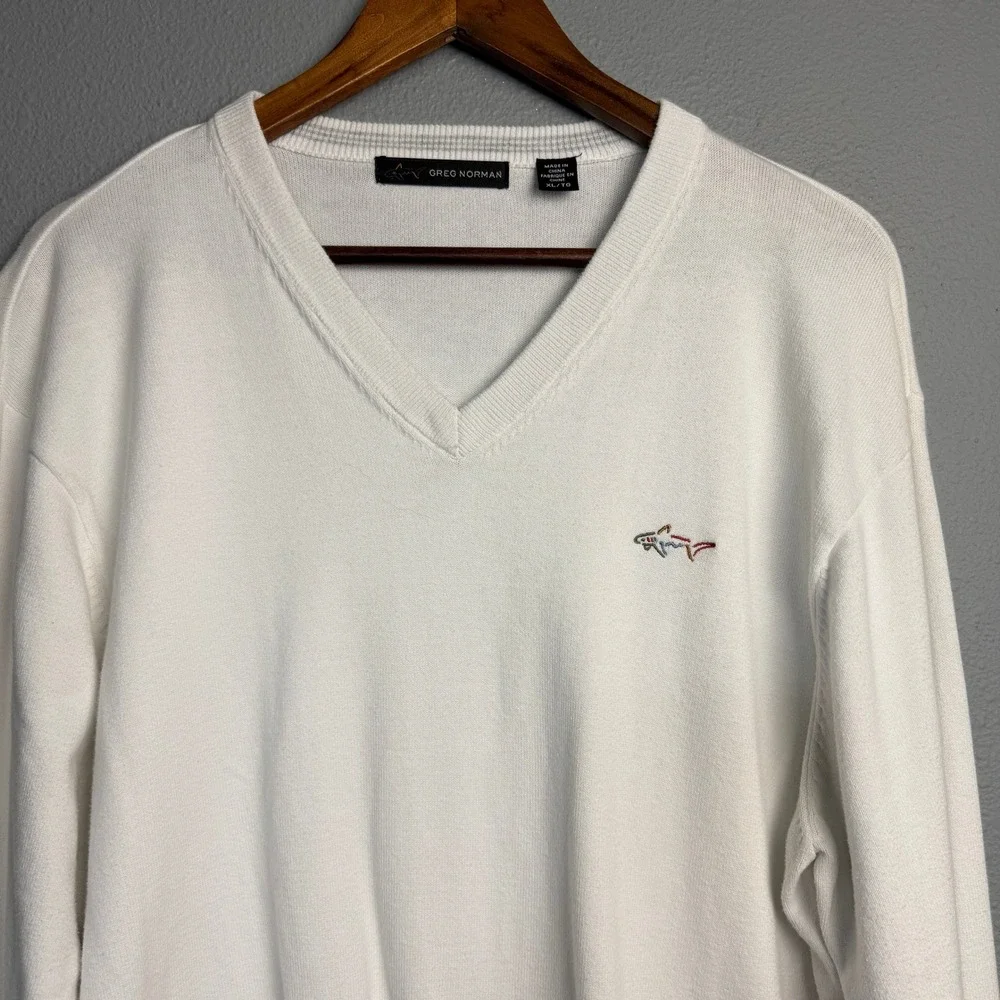 Greg Norman‎ White Cotton V-Neck Performance Long Sleeve Sweater Golf Shark XL